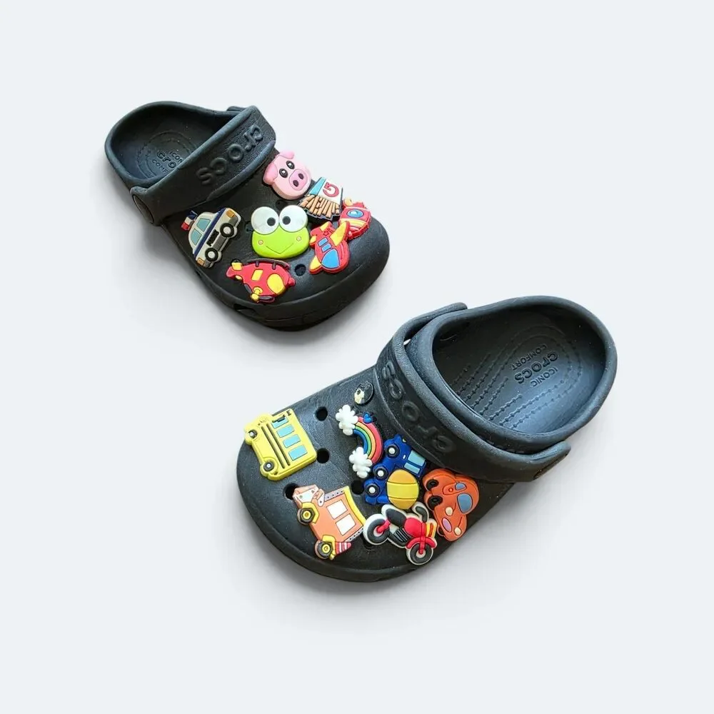 Crocs Kids Classic Clogs Black Size C6 With 12 Vehicle Jibbitz Charms